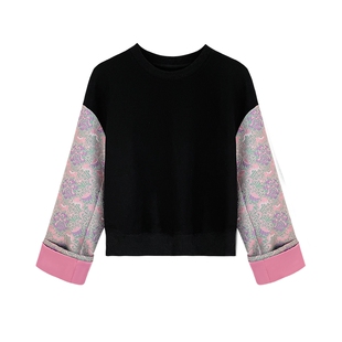 JKJS【闲云梦】提花拼接 新中式休闲卫衣春秋短款圆领国风外套