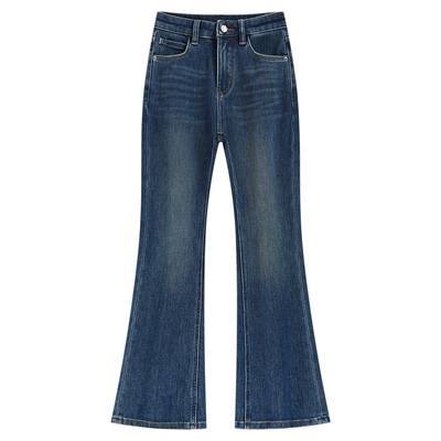 画式高腰显瘦加绒喇叭九分牛仔裤