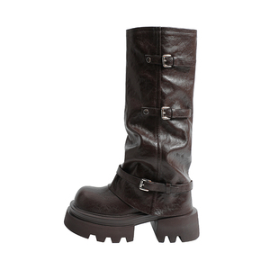 真皮~骄屿复古棕色裤管靴辣妹废土风骑士靴不过膝长靴厚底长筒靴