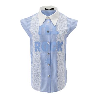 诱货蓝色条纹蕾丝摇滚字母衬衫