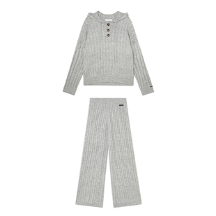 AsGony套装女套头连帽纽扣扭花针织衫阔腿裤2025秋季新款官方授权