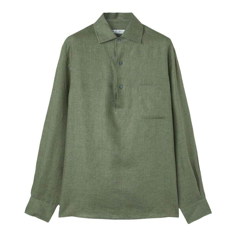 Loro Piana/诺悠翩雅男装亚麻帆布长袖绿色马球polo衫