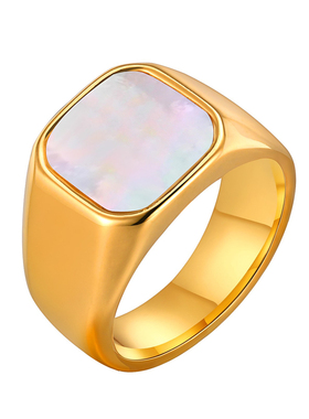 时尚几何方形贝母戒指金色女士