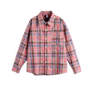 tired studio美式扎染做旧格子长袖衬衫初秋街头衬衣百搭休闲上衣