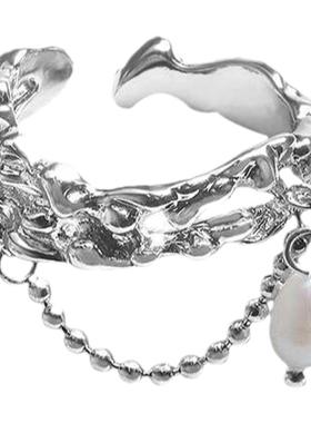 不规则珍珠链条流苏戒指金属气质