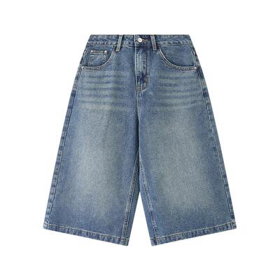 三福直筒牛仔裤女2026新款夏季磨破裤脚中长款阔腿裤子女装518261