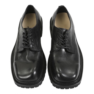 固特异水洗马皮黑色不规则斜切方头德比鞋男真皮手工系带厚底皮鞋