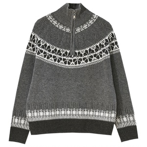 GESGOO复古慵懒提花费尔岛半拉链高领毛衣冬季女绵羊毛撞色针织衫