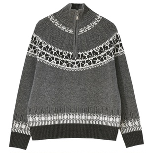 GESGOO复古慵懒提花费尔岛半拉链高领毛衣冬季女绵羊毛撞色针织衫