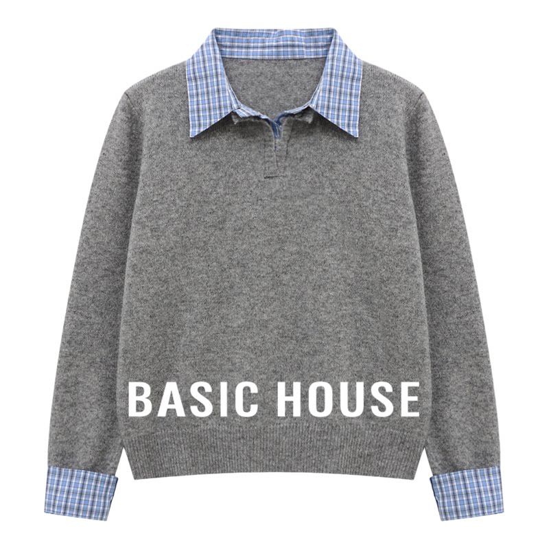 百家好灰色假两件针织衫上衣26春季新款女士格纹拼接翻领衬衫毛衣