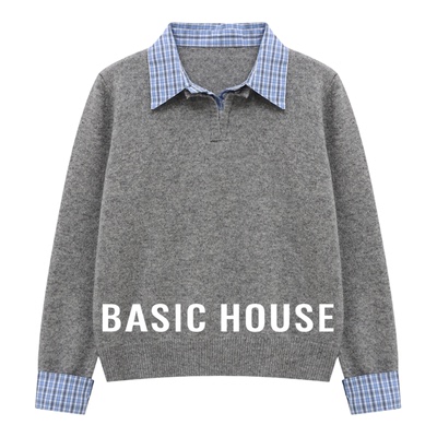 百家好灰色假两件针织衫上衣26春季新款女士格纹拼接翻领衬衫毛衣