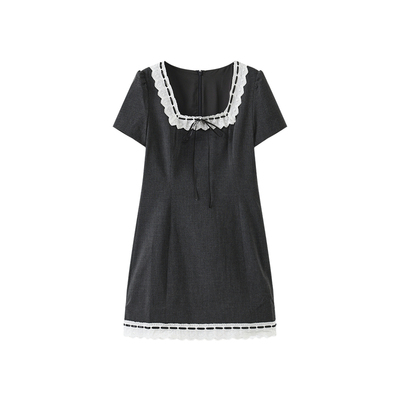 西町村屋简约短袖连衣裙女2026夏新款花边领学院风裙子XABB10001