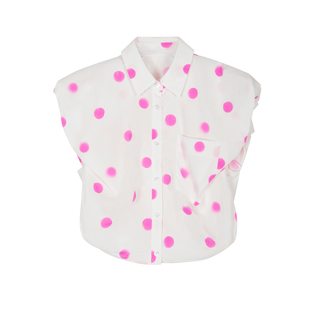 JNBY/江南布衣春秋季小波点短款衬衫肩部泡泡设计单排扣翻领无袖