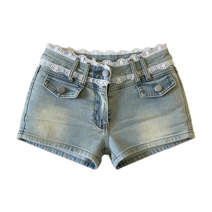 李李服饰法式蕾丝拼接丰胯牛仔短裤女2026春季新款低腰紧身包臀裤