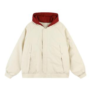 港仔文艺男假两件连帽棉袄男冬季加厚工装棉服短款飞行员棉衣外套