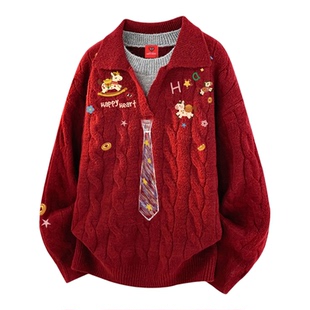 查尔斯桃心涂鸦领带假两件针织衫男马年2026冬季新款红色慵懒毛衣