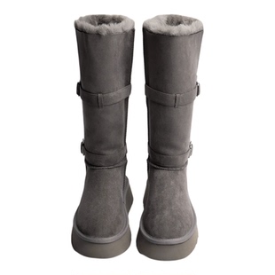 「鞋登」8cm厚底灰色长筒雪地靴女2025新款皮毛一体加绒防滑棉靴