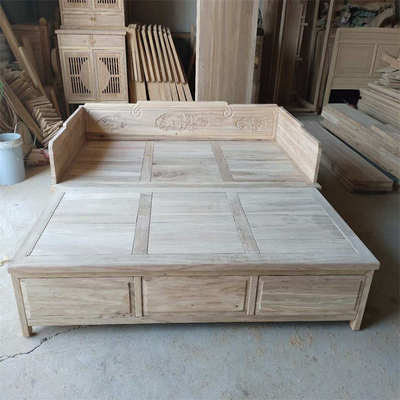 北榆木罗汉床实木仿古推拉床新中式床家具白茬白胚抽屉民宿白茬打