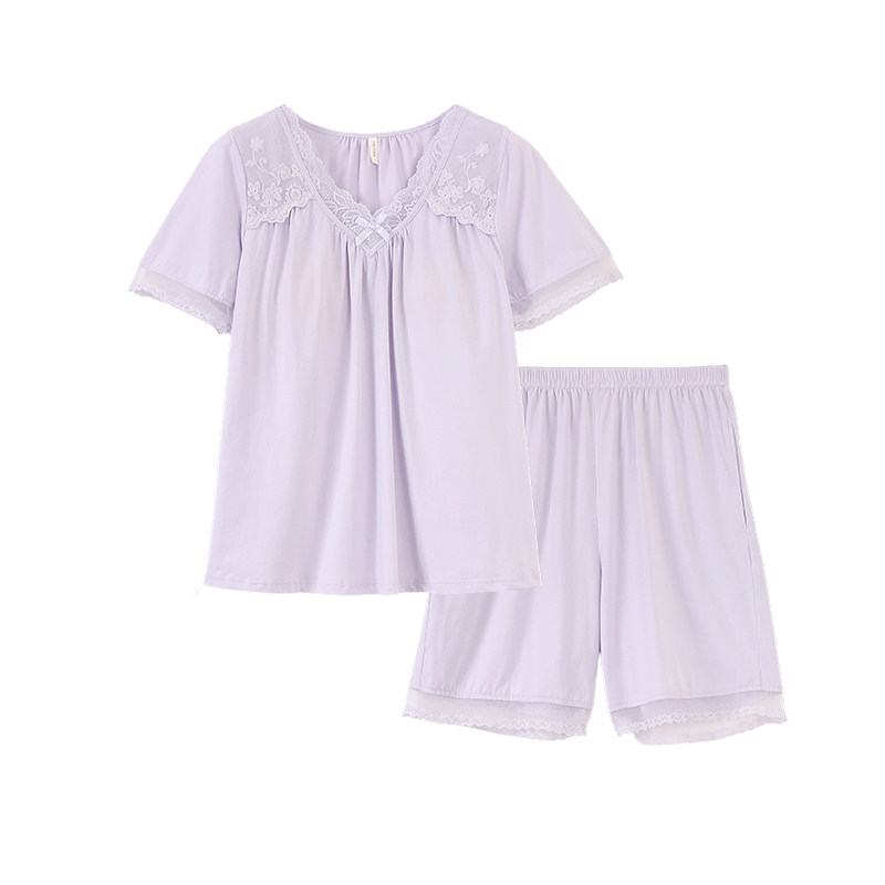 夏季纯棉蕾丝可外穿家居服女套装