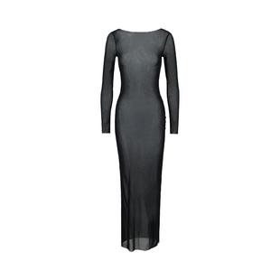 欧美风夏新款性感女装辣妹修身网纱透视一字肩长袖拖地连衣裙罩衫