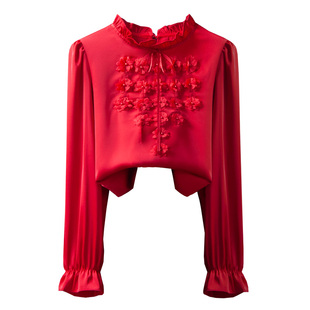 爆款仿真丝缎面衬衫女长袖2025春秋新款名媛气质立领衬衣漂亮小衫