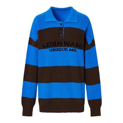 LEDIM WANG美式撞色条纹套头毛衣女学院风慵懒感polo领毛茸茸上衣