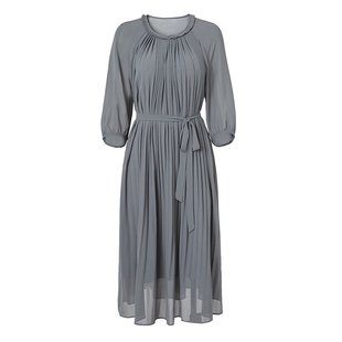 马天奴春夏新款花边圆领系带收腰连衣裙子长裙气质时尚优雅通勤女