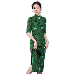 蝶恋旗袍女春秋款烂花丝绒改良旗袍裙年轻款优雅崔万志旗袍连衣裙