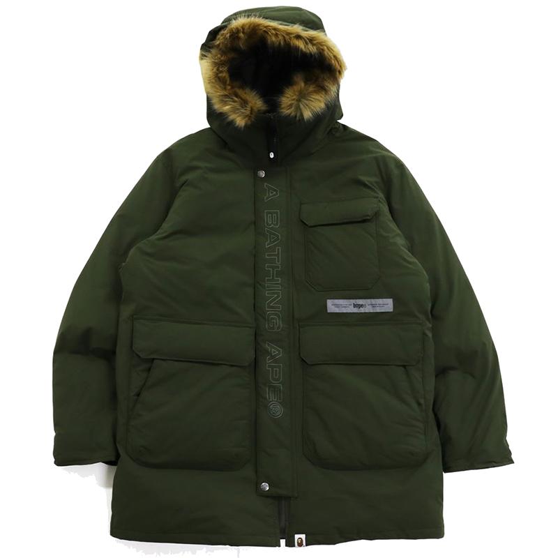 BAPE男装秋冬同色系字母刺绣大毛领连帽羽绒服141009H