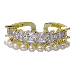 轻奢高级感双排珍珠锆石开口戒指小众设计可调节不掉色叠戴指环女