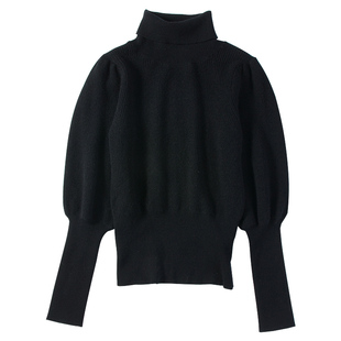经典隽永 !山羊绒衫羊角袖高翻领黑色针织衫气质小宽松显瘦毛衣