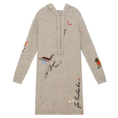 谜底针织连衣裙女冬季新品复古连帽羊毛混纺中长裙244MZ1899