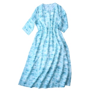 冉裳原创女装套装淡蓝色气质宽松休闲棉麻连衣裙夏天薄款苎麻长裙