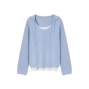 时然大码女装假两件撞色针织衫25秋冬新款微胖mm连帽羊毛长袖上衣