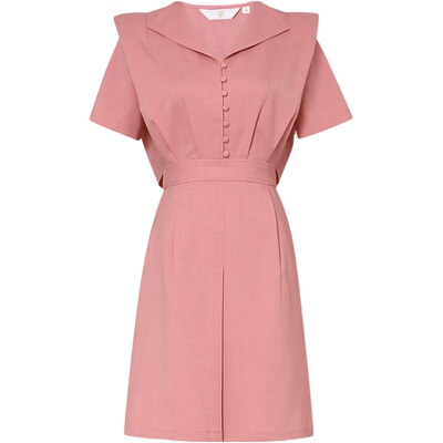 夏季女装2025新款气质休闲西瓜红短袖收腰显瘦衬衫连衣裙短裙