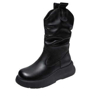 牛皮时尚新款厚底中筒马丁堆堆靴女款真皮2025秋冬季女士皮靴加绒