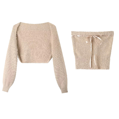 一字领蝴蝶结开衫针织衫两件套