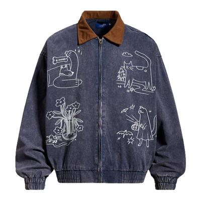 MoCreation 美式复古风涂鸦印花翻领牛仔外套女宽松情侣夹克春季