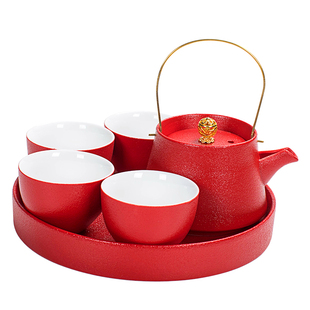 不单典雅悦心红色功夫茶具套装提梁壶茶杯干泡茶盘家用办公室陶瓷