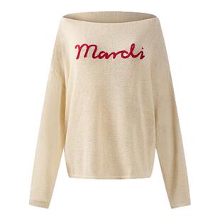MARDI少女圆领刺绣温柔慵懒风一字领字母长袖针织衫女米色毛衣