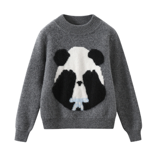 【100%羊毛】新品男女童半高领毛衣儿童纯羊毛衫熊猫图案加厚学生
