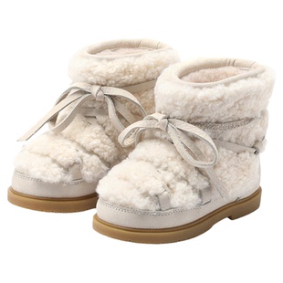 荷兰DONSJE绑带系带加绒保暖一脚蹬中童男女儿童高帮真皮手工靴子