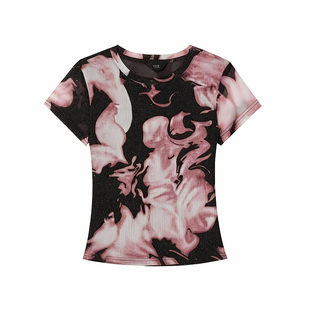 欧货小众水墨印花修身微透网纱上衣扎染透气长袖t恤防晒薄款上衣