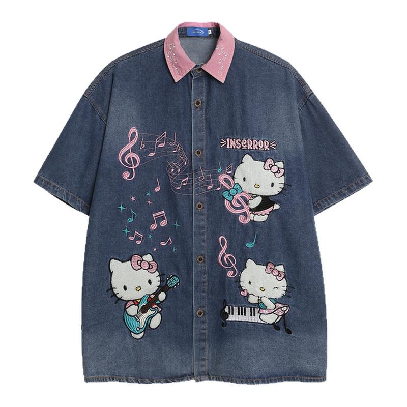 MoCreation美式卡通HelloKitty刺绣牛仔衬衫男女短袖翻领宽松上衣