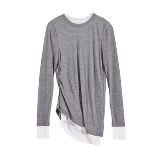 2026春季新品天丝长袖T恤女休闲时尚百搭针织拼接假两件打底上衣