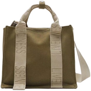 ZA家女包新款帆布购物包迷你印字织带拼接手提单肩斜挎简约托特包