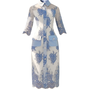 美的想转圈！秋新款翻领蓝色知性连衣裙251小香风中长款蕾丝裙子