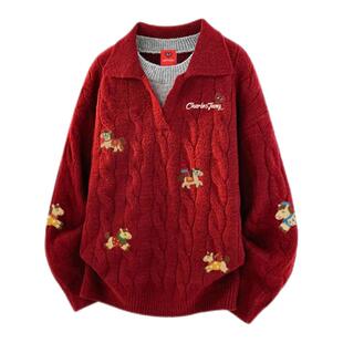 查尔斯桃心马年2026新款翻领假两件针织衫上衣男女冬季宽松毛衣