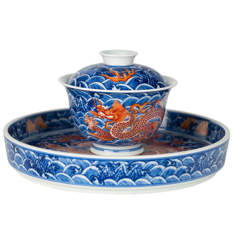 圣山仿古青花宣德龙纹《江崖海水》矾红描金陶瓷盖碗手工茶具