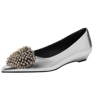 2026春季新款法式平底鞋尖头串珠花朵舒适浅口鞋精致单鞋真皮女鞋